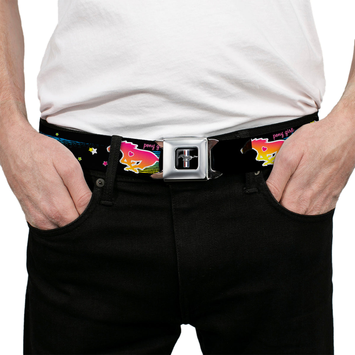 Ford Mustang Emblem Seatbelt Belt - Mustang PONY GIRL UNTAMED SPIRIT/Stars Black/Multi Color Webbing Seatbelt Belts Ford