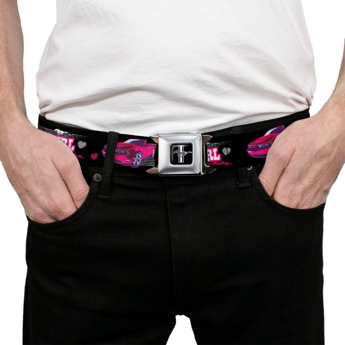 Ford Mustang Emblem Seatbelt Belt - Mustang PONY GIRL/Tire Tread Black/Gray/Fuchsias Webbing Seatbelt Belts Ford