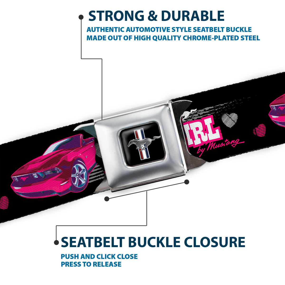 Ford Mustang Emblem Seatbelt Belt - Mustang PONY GIRL/Tire Tread Black/Gray/Fuchsias Webbing Seatbelt Belts Ford