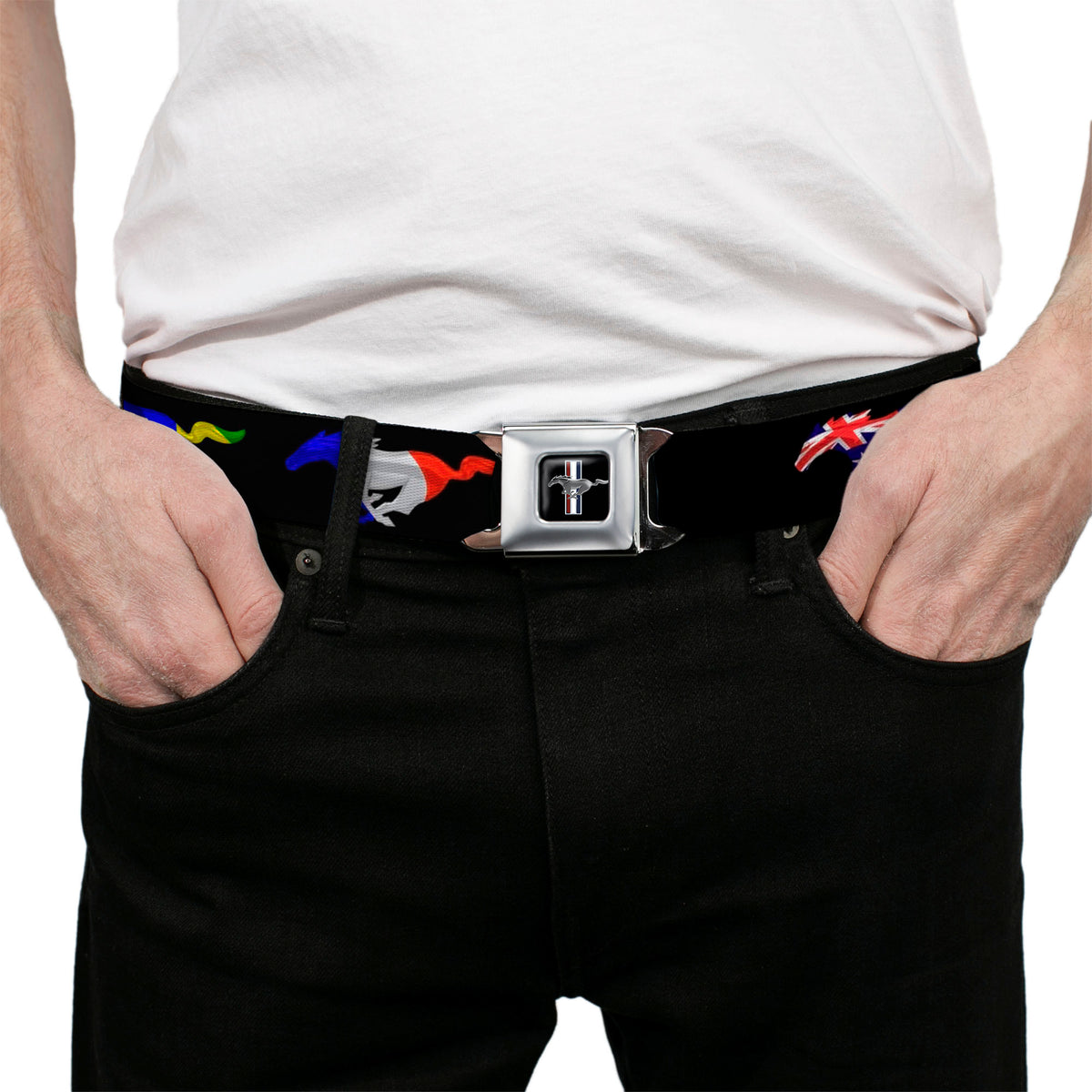 Ford Mustang Emblem Seatbelt Belt - Mustang Silhouette Black/International Flags Webbing Seatbelt Belts Ford