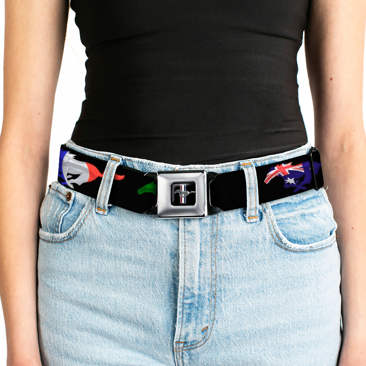 Ford Mustang Emblem Seatbelt Belt - Mustang Silhouette Black/International Flags Webbing Seatbelt Belts Ford