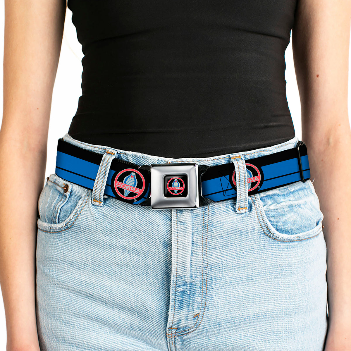 Classic Mustang COBRA Logo Full Color Black Gray Red Gray Seatbelt Belt - Classic Mustang COBRA Logo/Stripe Black/Blue/Red/Gray Webbing Seatbelt Belts Ford