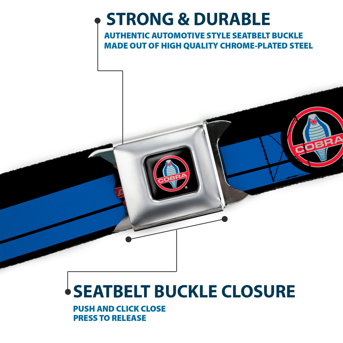 Classic Mustang COBRA Logo Full Color Black Gray Red Gray Seatbelt Belt - Classic Mustang COBRA Logo/Stripe Black/Blue/Red/Gray Webbing Seatbelt Belts Ford