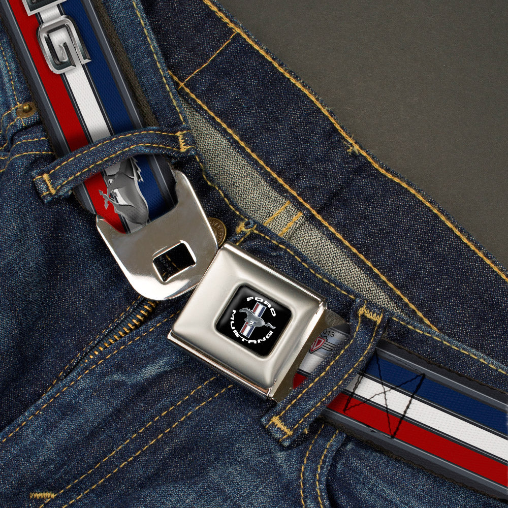 FORD MUSTANG Tri-Bar Logo Full Color Black White Silver Red Blue Seatbelt Belt - Mustang/Text w/Tri-Bar Stripe Webbing Seatbelt Belts Ford