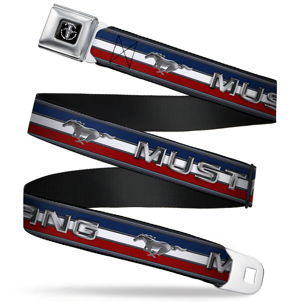 FORD MUSTANG Tri-Bar Logo Full Color Black White Silver Red Blue Seatbelt Belt - Mustang/Text w/Tri-Bar Stripe Webbing Seatbelt Belts Ford