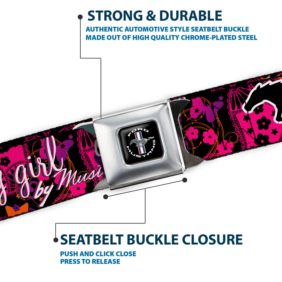 FORD MUSTANG Tri-Bar Logo Full Color Black White Silver Red Blue Seatbelt Belt - Mustang PONY GIRL/Floral Collage Black/Pinks/White Webbing Seatbelt Belts Ford