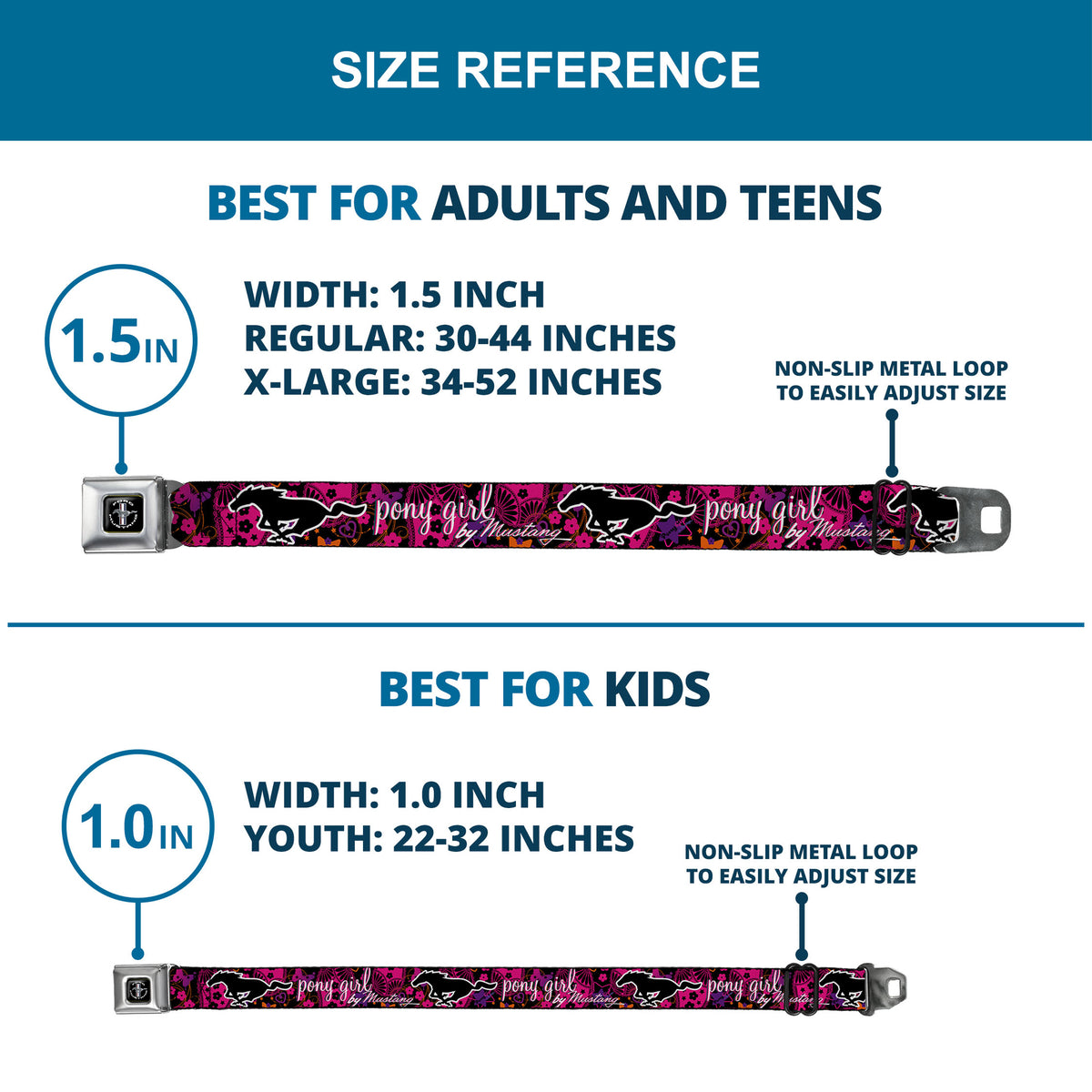 FORD MUSTANG Tri-Bar Logo Full Color Black White Silver Red Blue Seatbelt Belt - Mustang PONY GIRL/Floral Collage Black/Pinks/White Webbing Seatbelt Belts Ford