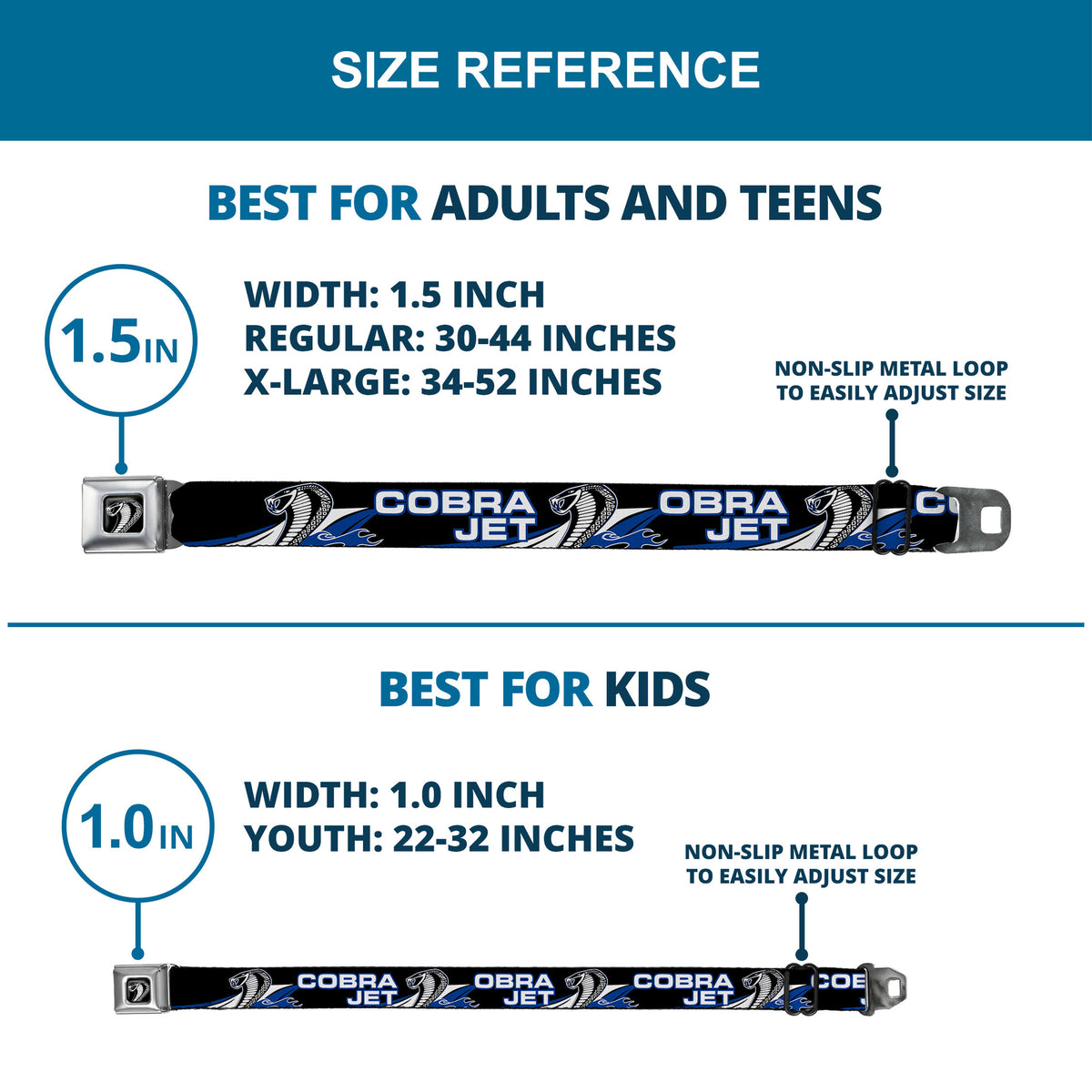 Cobra Head Full Color Black White Seatbelt Belt - COBRA JET/Cobra Head Flame Black/Blue/White Webbing Seatbelt Belts Ford