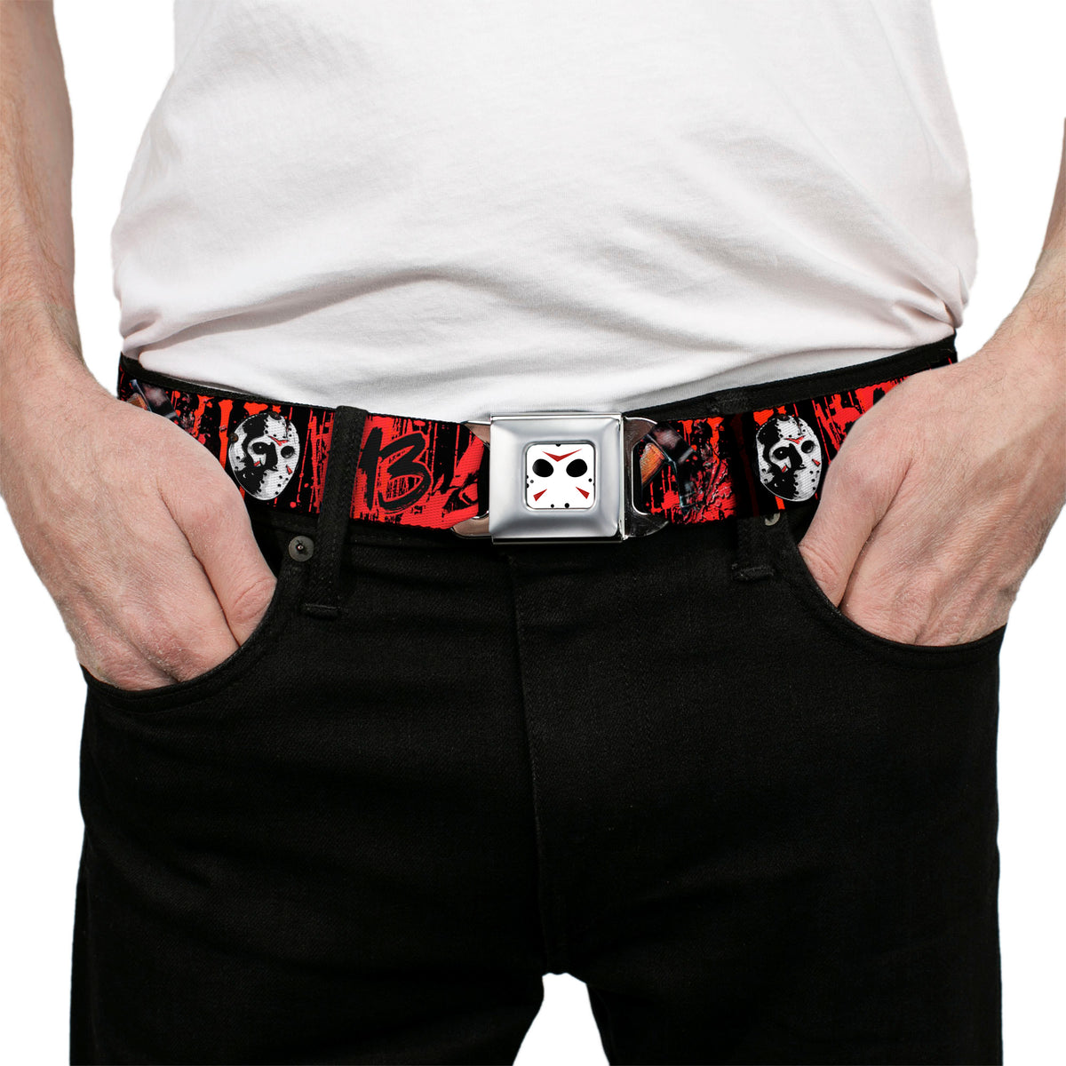 Jason Mask CLOSE-UP Full Color Black/White/Red Seatbelt Belt - FRIDAY THE 13th/Jason Mask4/Axe Blood Splatter Black/Red/White Webbing Seatbelt Belts Friday the 13th