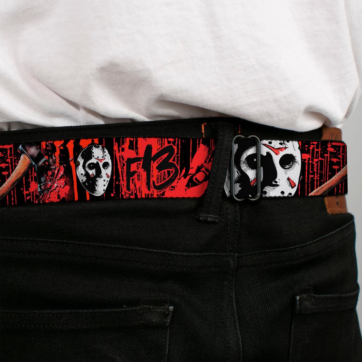 Jason Mask CLOSE-UP Full Color Black/White/Red Seatbelt Belt - FRIDAY THE 13th/Jason Mask4/Axe Blood Splatter Black/Red/White Webbing Seatbelt Belts Friday the 13th