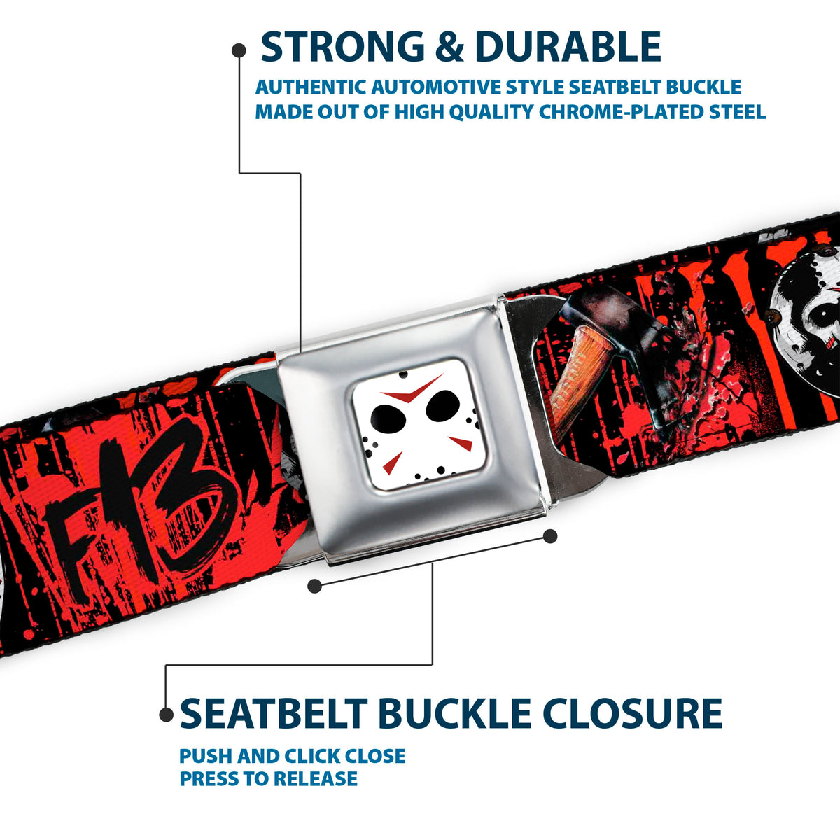 Jason Mask CLOSE-UP Full Color Black/White/Red Seatbelt Belt - FRIDAY THE 13th/Jason Mask4/Axe Blood Splatter Black/Red/White Webbing Seatbelt Belts Friday the 13th