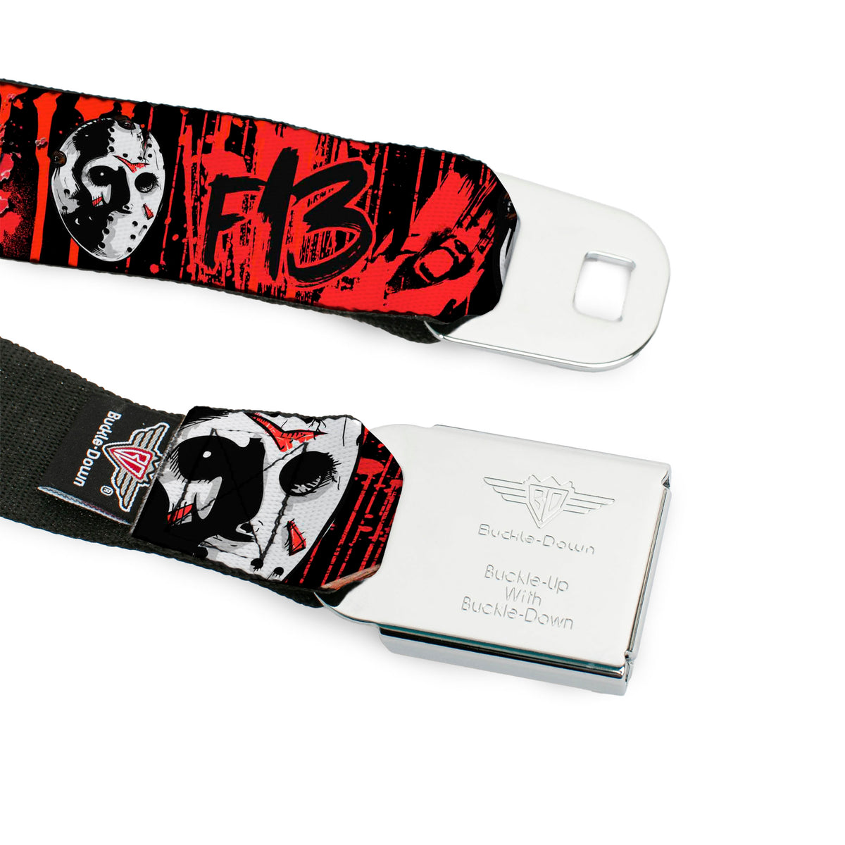 Jason Mask CLOSE-UP Full Color Black/White/Red Seatbelt Belt - FRIDAY THE 13th/Jason Mask4/Axe Blood Splatter Black/Red/White Webbing Seatbelt Belts Friday the 13th