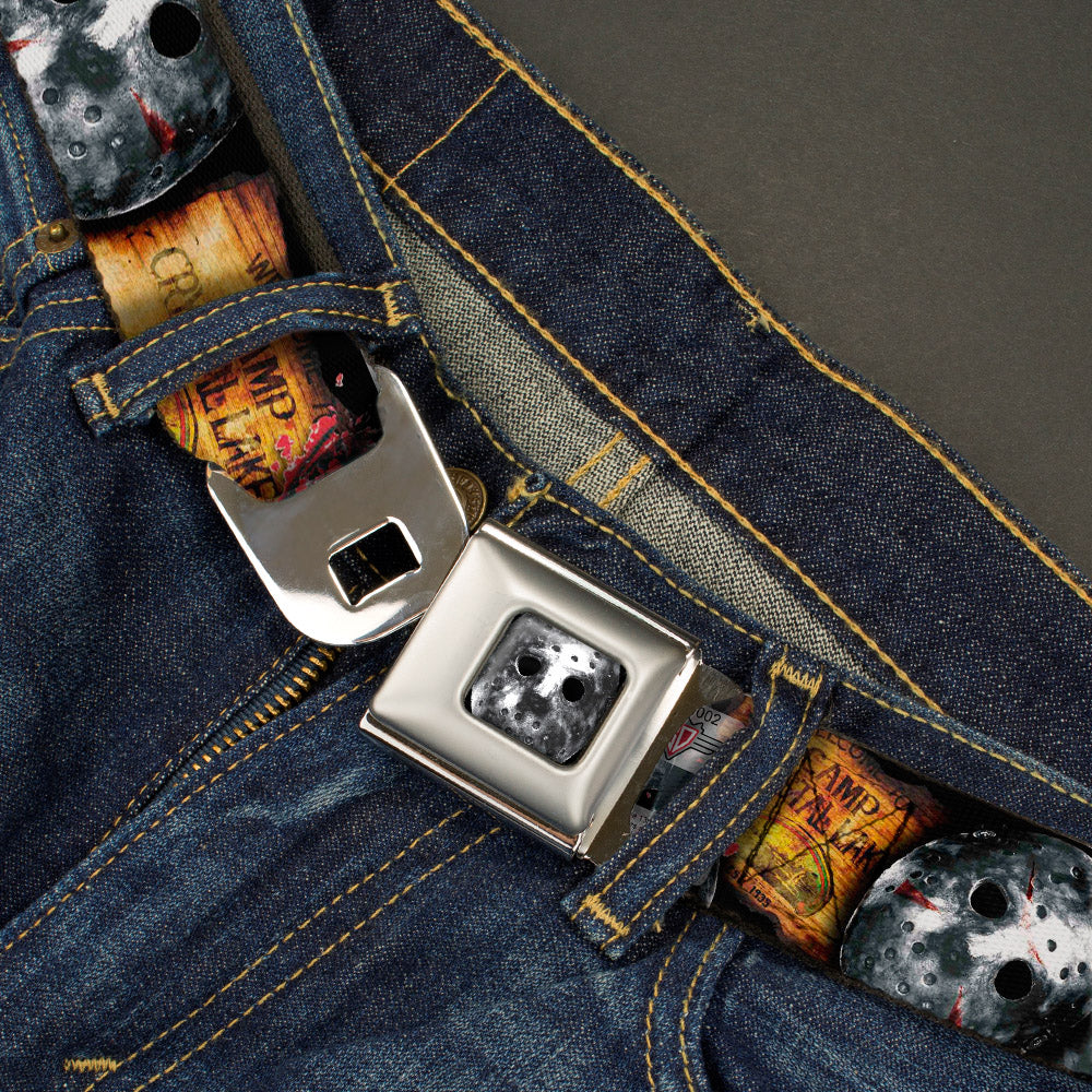 Jason Mask2 CLOSE-UP Full Color Black/Grays Seatbelt Belt - FRIDAY THE 13th/WELCOME TO CAMP CRYSTAL LAKE/Jason Mask3 Stacked/Axe Webbing Seatbelt Belts Friday the 13th