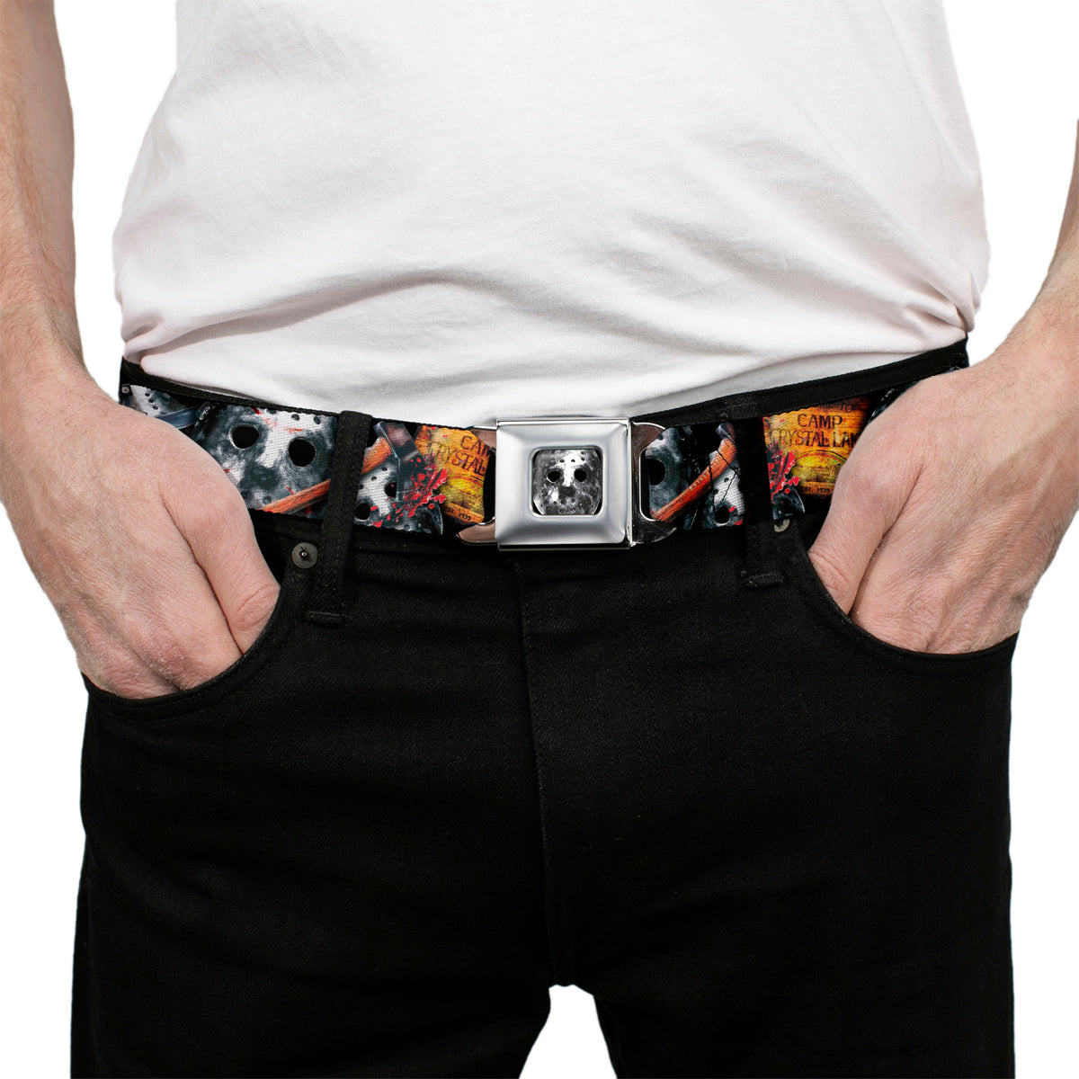 Jason Mask2 CLOSE-UP Full Color Black/Grays Seatbelt Belt - FRIDAY THE 13th/WELCOME TO CAMP CRYSTAL LAKE/Jason Mask3 Stacked/Axe Webbing Seatbelt Belts Friday the 13th