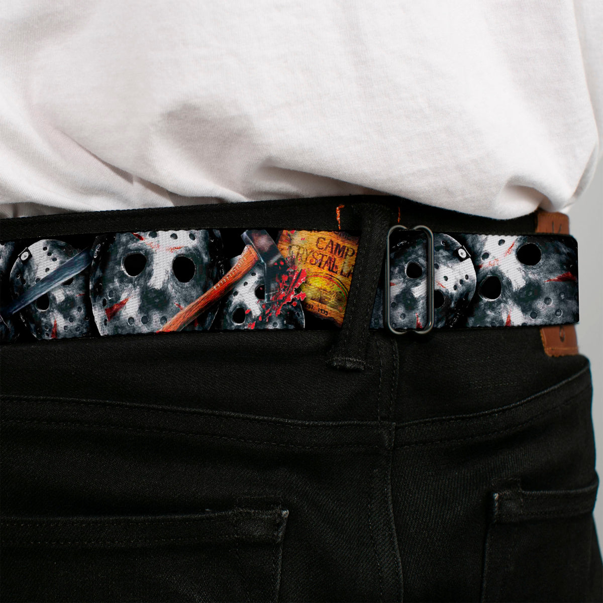 Jason Mask2 CLOSE-UP Full Color Black/Grays Seatbelt Belt - FRIDAY THE 13th/WELCOME TO CAMP CRYSTAL LAKE/Jason Mask3 Stacked/Axe Webbing Seatbelt Belts Friday the 13th