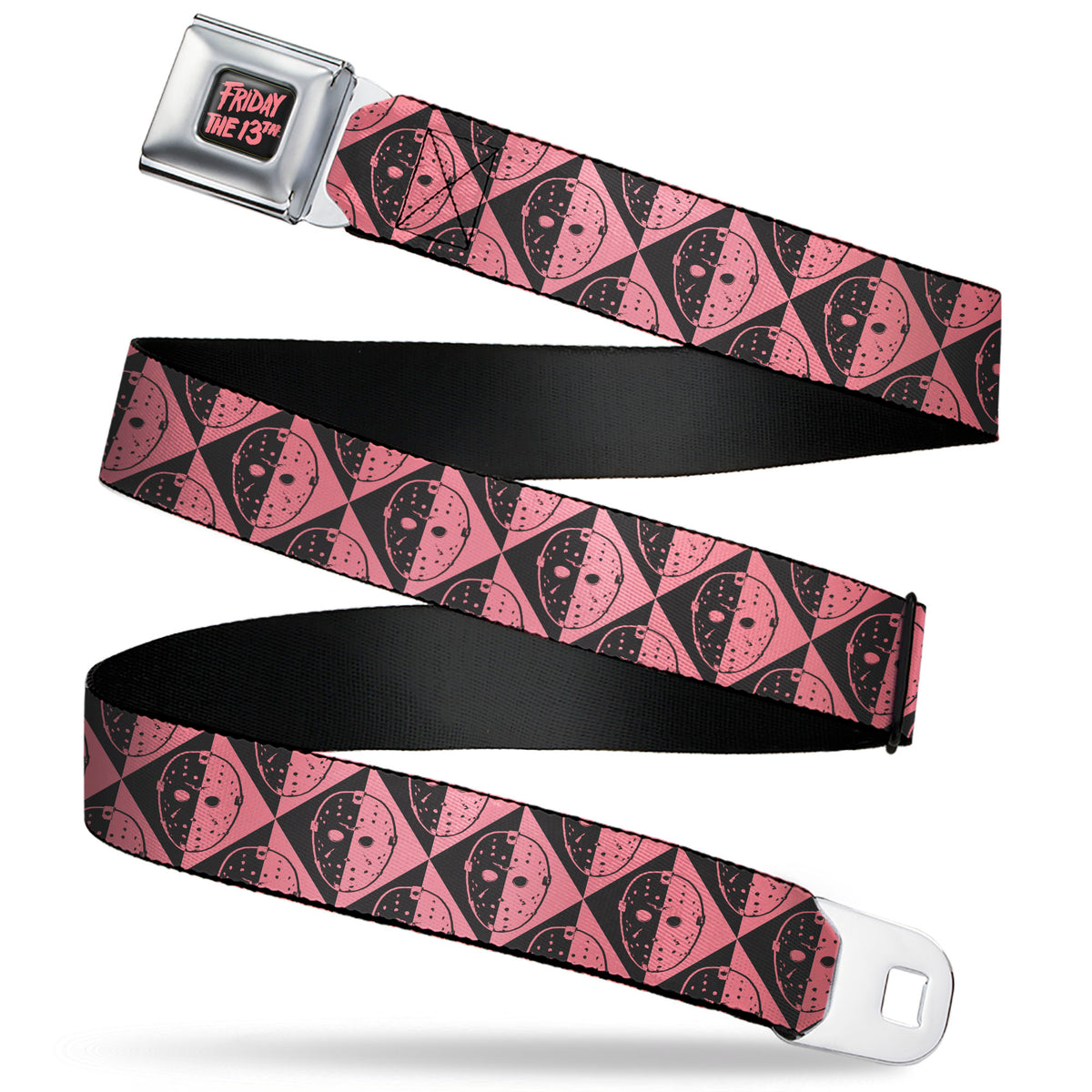 FRIDAY THE 13TH Title Logo Full Color Black/Red Seatbelt Belt - Friday the 13th Jason Mask Diamond Split Black/Red Webbing Seatbelt Belts Friday the 13th