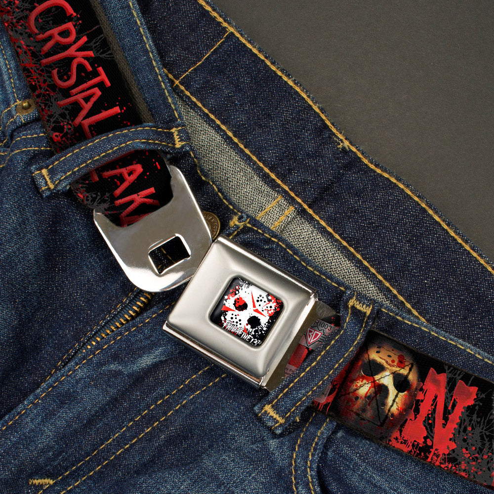 FRIDAY THE 13th/Jason Mask 5 Full Color Splatter Black/White/Red Seatbelt Belt - JASON Mask6/CAMP CRYSTAL LAKE/Hand Prints Blood Splatter Black/Reds/Gray Webbing Seatbelt Belts Friday the 13th
