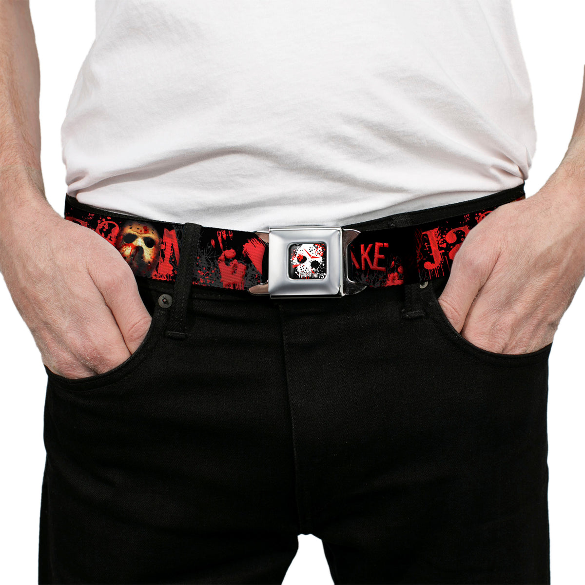 FRIDAY THE 13th/Jason Mask 5 Full Color Splatter Black/White/Red Seatbelt Belt - JASON Mask6/CAMP CRYSTAL LAKE/Hand Prints Blood Splatter Black/Reds/Gray Webbing Seatbelt Belts Friday the 13th
