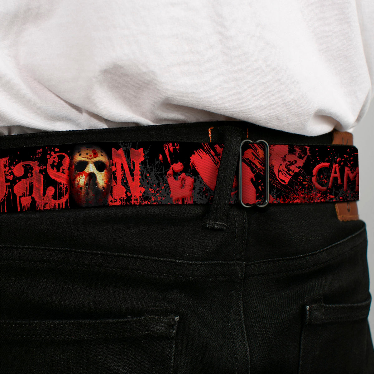 FRIDAY THE 13th/Jason Mask 5 Full Color Splatter Black/White/Red Seatbelt Belt - JASON Mask6/CAMP CRYSTAL LAKE/Hand Prints Blood Splatter Black/Reds/Gray Webbing Seatbelt Belts Friday the 13th