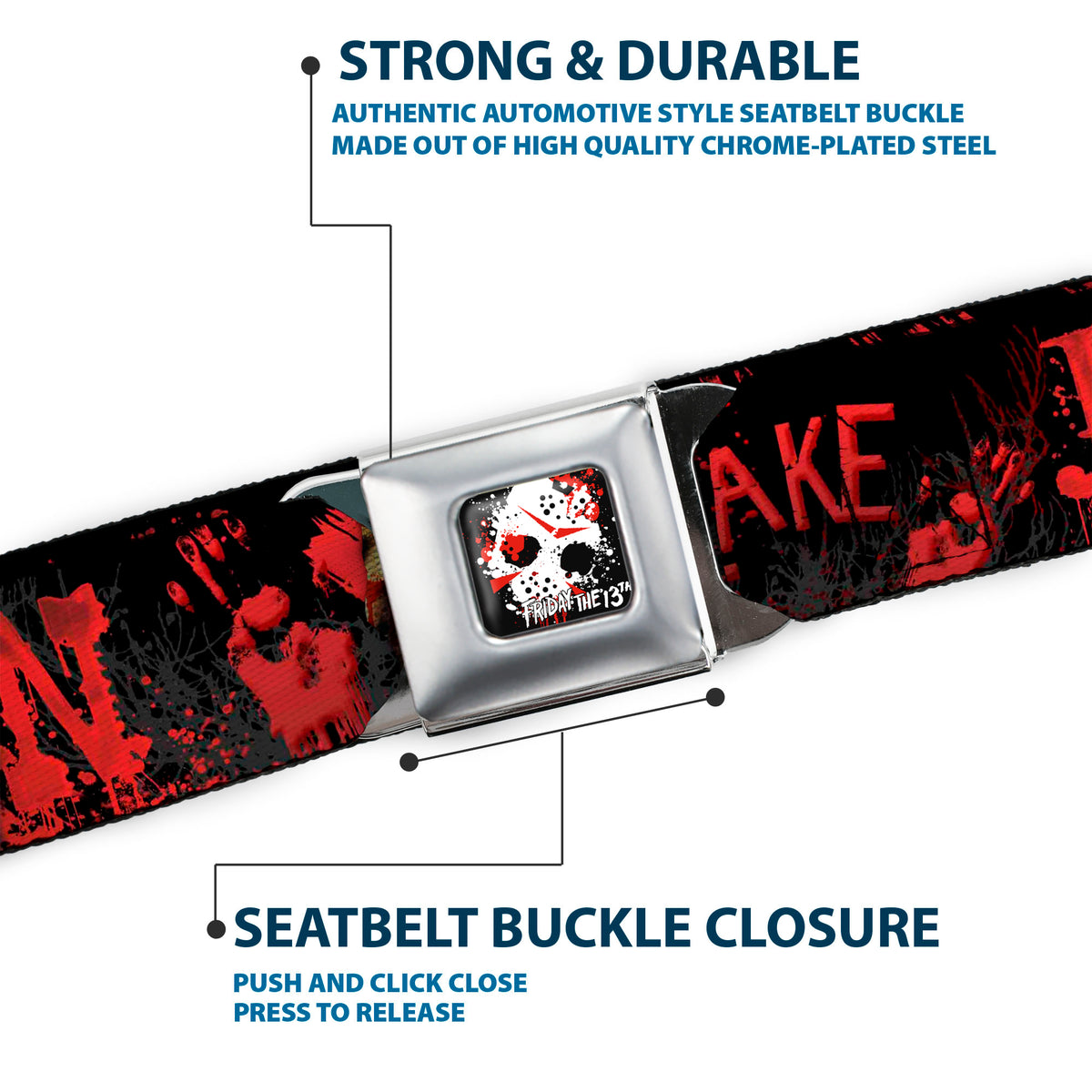 FRIDAY THE 13th/Jason Mask 5 Full Color Splatter Black/White/Red Seatbelt Belt - JASON Mask6/CAMP CRYSTAL LAKE/Hand Prints Blood Splatter Black/Reds/Gray Webbing Seatbelt Belts Friday the 13th
