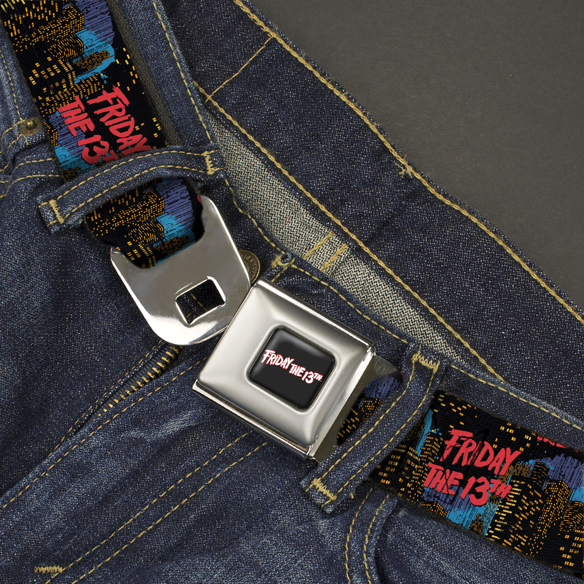 FRIDAY THE 13TH Title Logo Full Color Black/Red/White Seatbelt Belt - FRIDAY THE 13TH Jason Takes Manhattan Skyline Title Logo Black/Blues/Reds Webbing Seatbelt Belts Friday the 13th