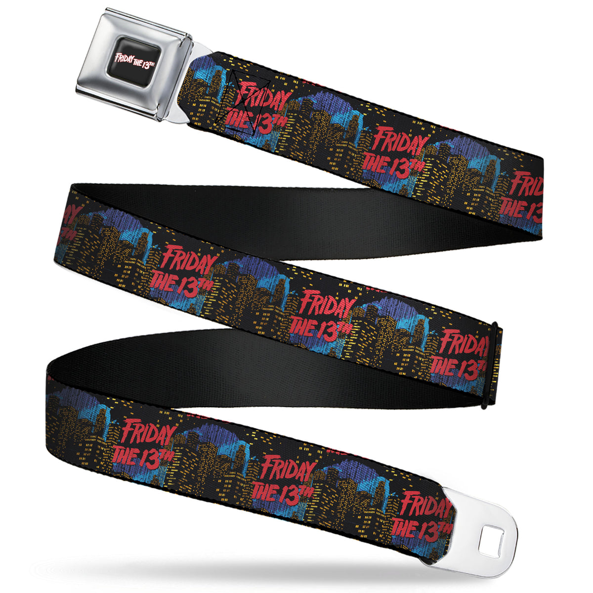 FRIDAY THE 13TH Title Logo Full Color Black/Red/White Seatbelt Belt - FRIDAY THE 13TH Jason Takes Manhattan Skyline Title Logo Black/Blues/Reds Webbing Seatbelt Belts Friday the 13th