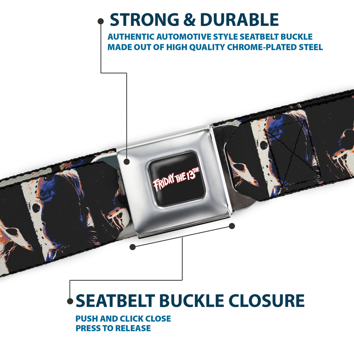 FRIDAY THE 13TH Title Logo Full Color Black/Red/White Seatbelt Belt - Friday the 13th Jacon Hockey Mask Pose Blocks Webbing Seatbelt Belts Friday the 13th