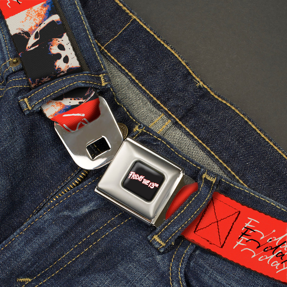 FRIDAY THE 13TH Title Logo Full Color Black/Red/White Seatbelt Belt - FRIDAY THE 13TH Jason Mask and Script Blocks Red/Black/White Webbing Seatbelt Belts Friday the 13th