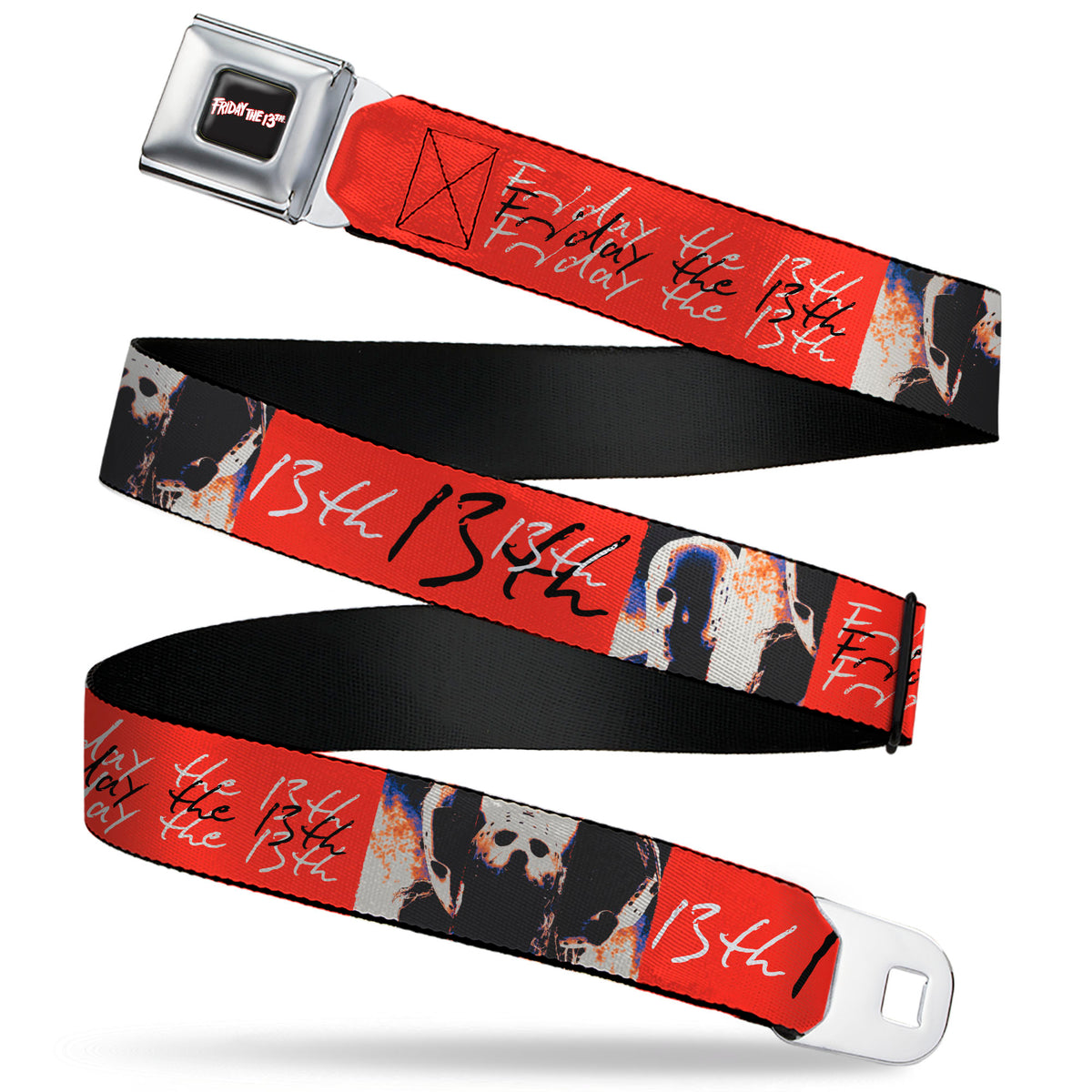 FRIDAY THE 13TH Title Logo Full Color Black/Red/White Seatbelt Belt - FRIDAY THE 13TH Jason Mask and Script Blocks Red/Black/White Webbing Seatbelt Belts Friday the 13th