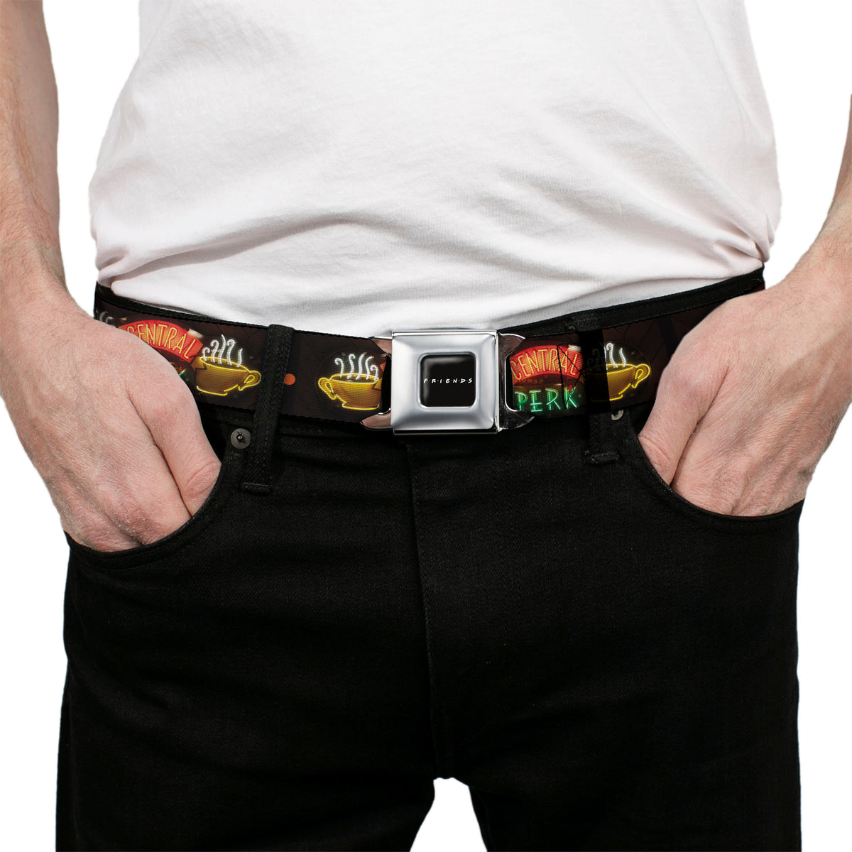 FRIENDS Logo Full Color Black/White/Multi Color Seatbelt Belt - Friends CENTRAL PERK Neon Sign Webbing Seatbelt Belts Friends