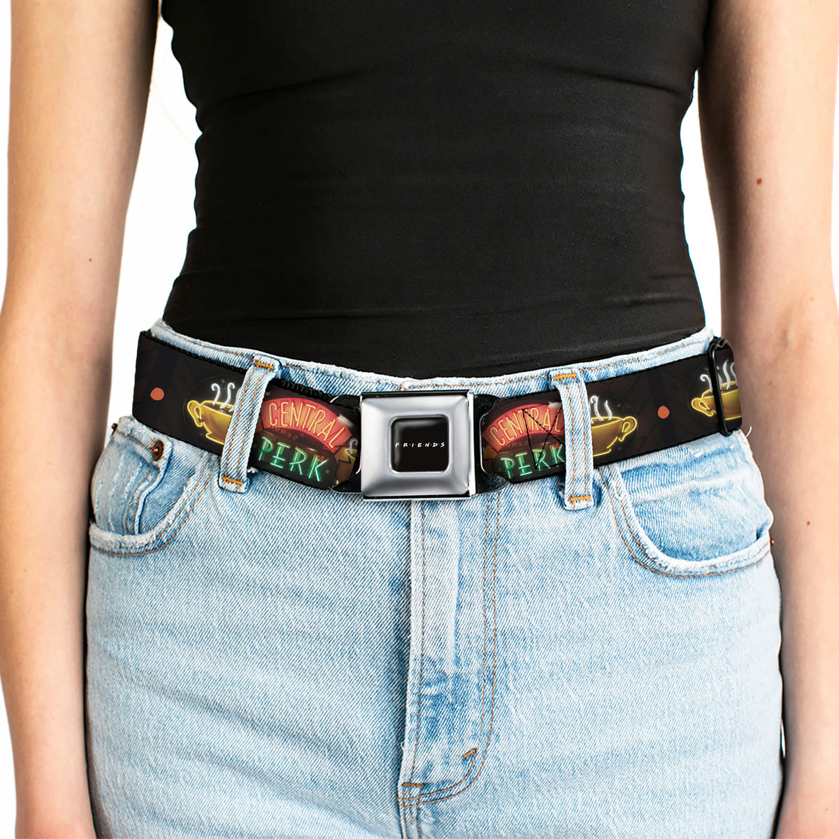 FRIENDS Logo Full Color Black/White/Multi Color Seatbelt Belt - Friends CENTRAL PERK Neon Sign Webbing Seatbelt Belts Friends