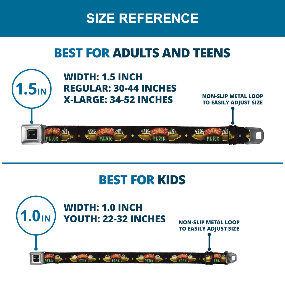 FRIENDS Logo Full Color Black/White/Multi Color Seatbelt Belt - Friends CENTRAL PERK Neon Sign Webbing Seatbelt Belts Friends
