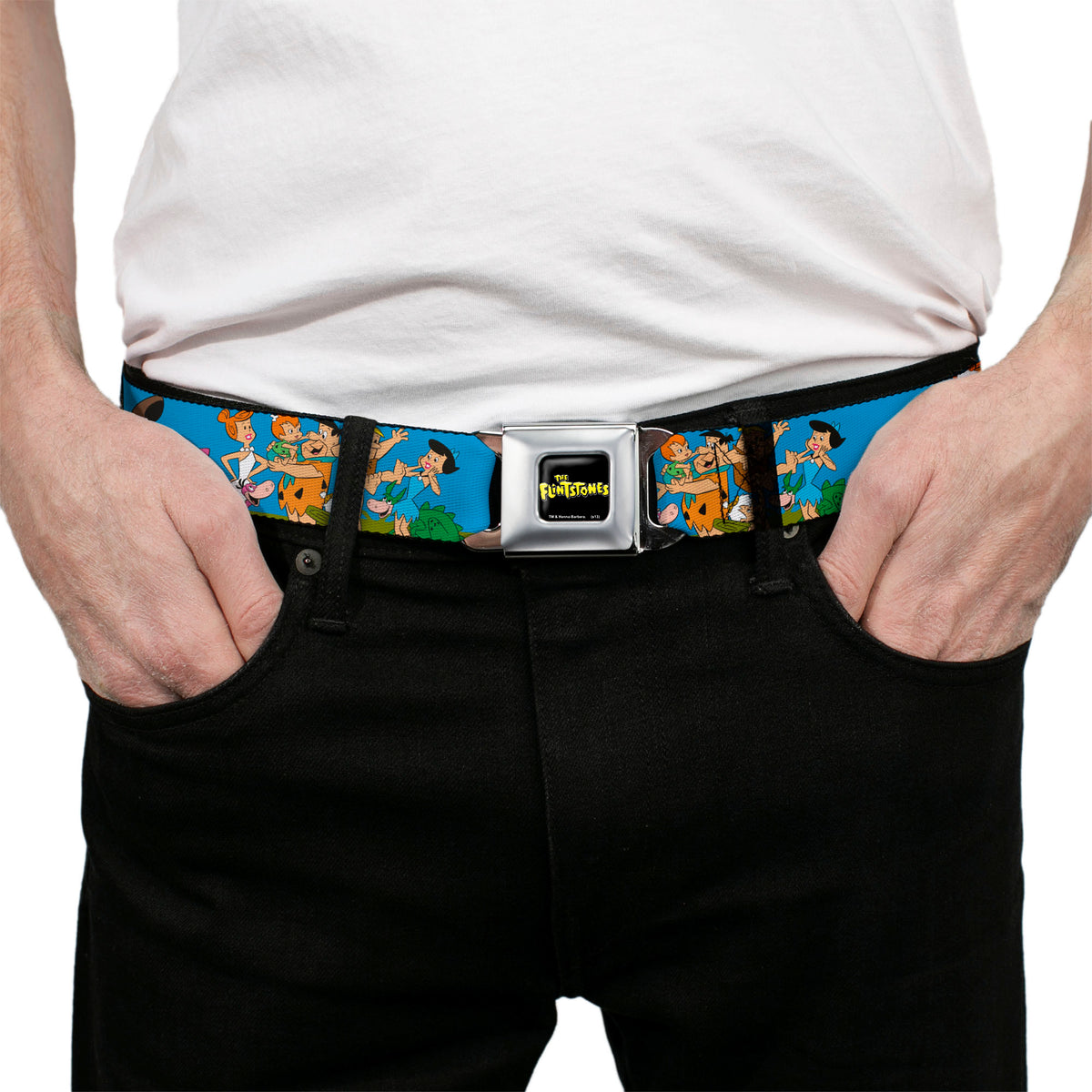 THE FLINTSTONES Logo Full Color Black Yellow Seatbelt Belt - The Flintstones and Rubbles Group Pose/Logo Blue Webbing Seatbelt Belts The Flintstones