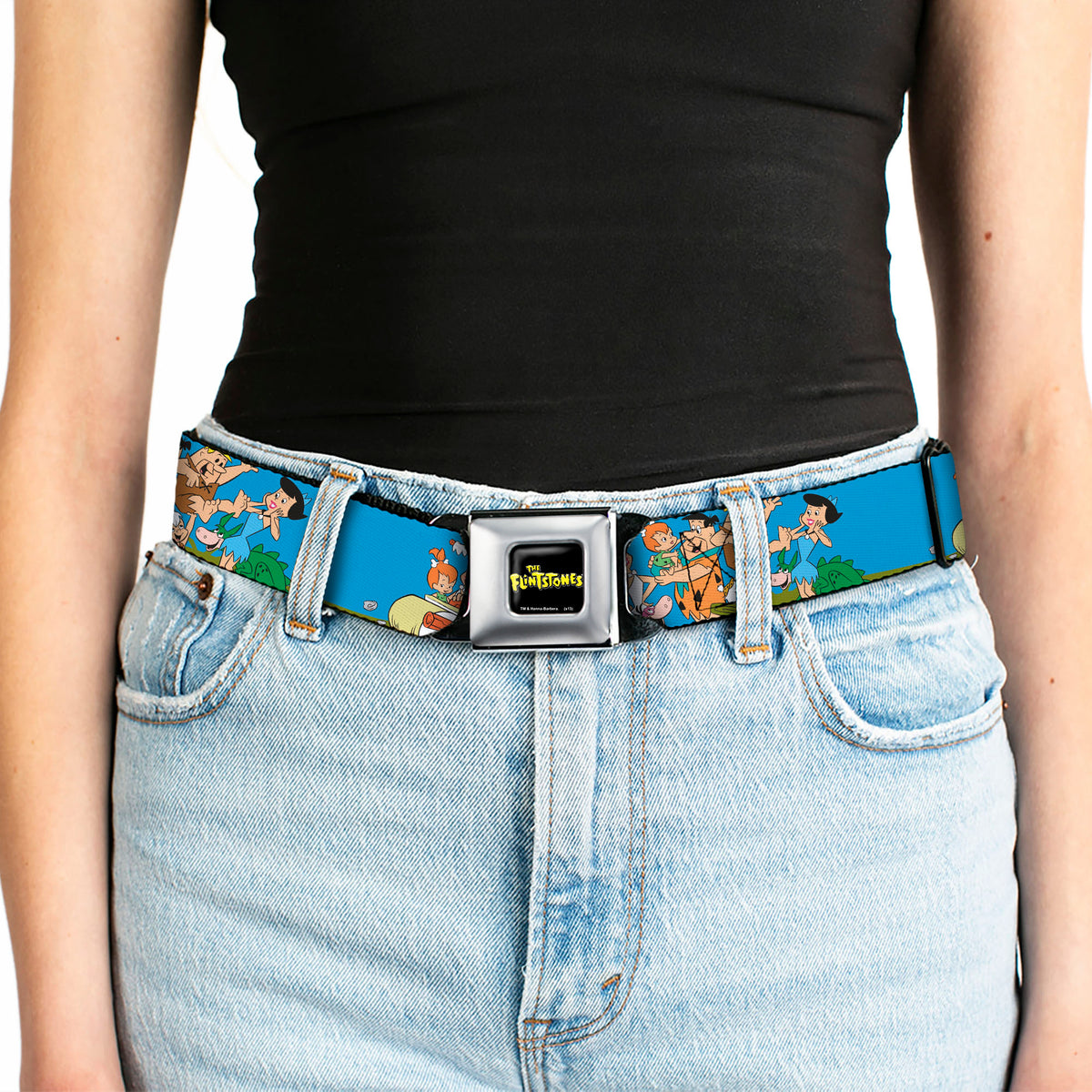 THE FLINTSTONES Logo Full Color Black Yellow Seatbelt Belt - The Flintstones and Rubbles Group Pose/Logo Blue Webbing Seatbelt Belts The Flintstones