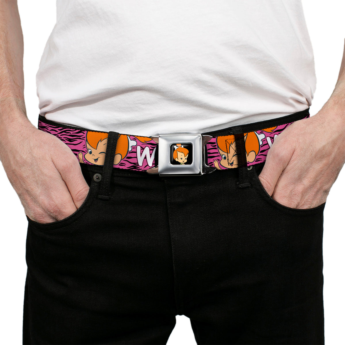 Pebbles Face1 Full Color Black Seatbelt Belt - Pebbles Face/Pose WILD CHILD Pink/Black/White Webbing Seatbelt Belts The Flintstones