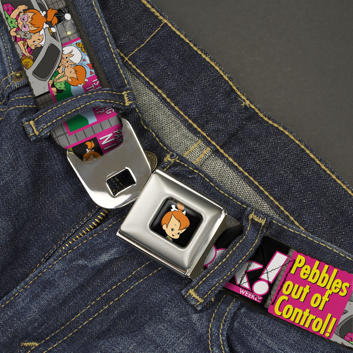 Pebbles Face1 Full Color Black Seatbelt Belt - The Flintstones Tabloid - ROCK! PEBBLES OUT OF CONTROL Webbing Seatbelt Belts The Flintstones