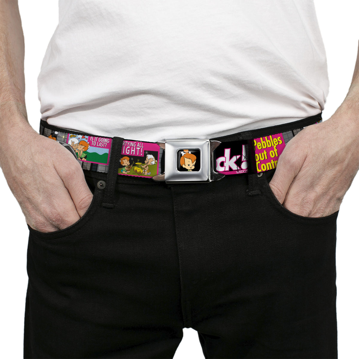 Pebbles Face1 Full Color Black Seatbelt Belt - The Flintstones Tabloid - ROCK! PEBBLES OUT OF CONTROL Webbing Seatbelt Belts The Flintstones