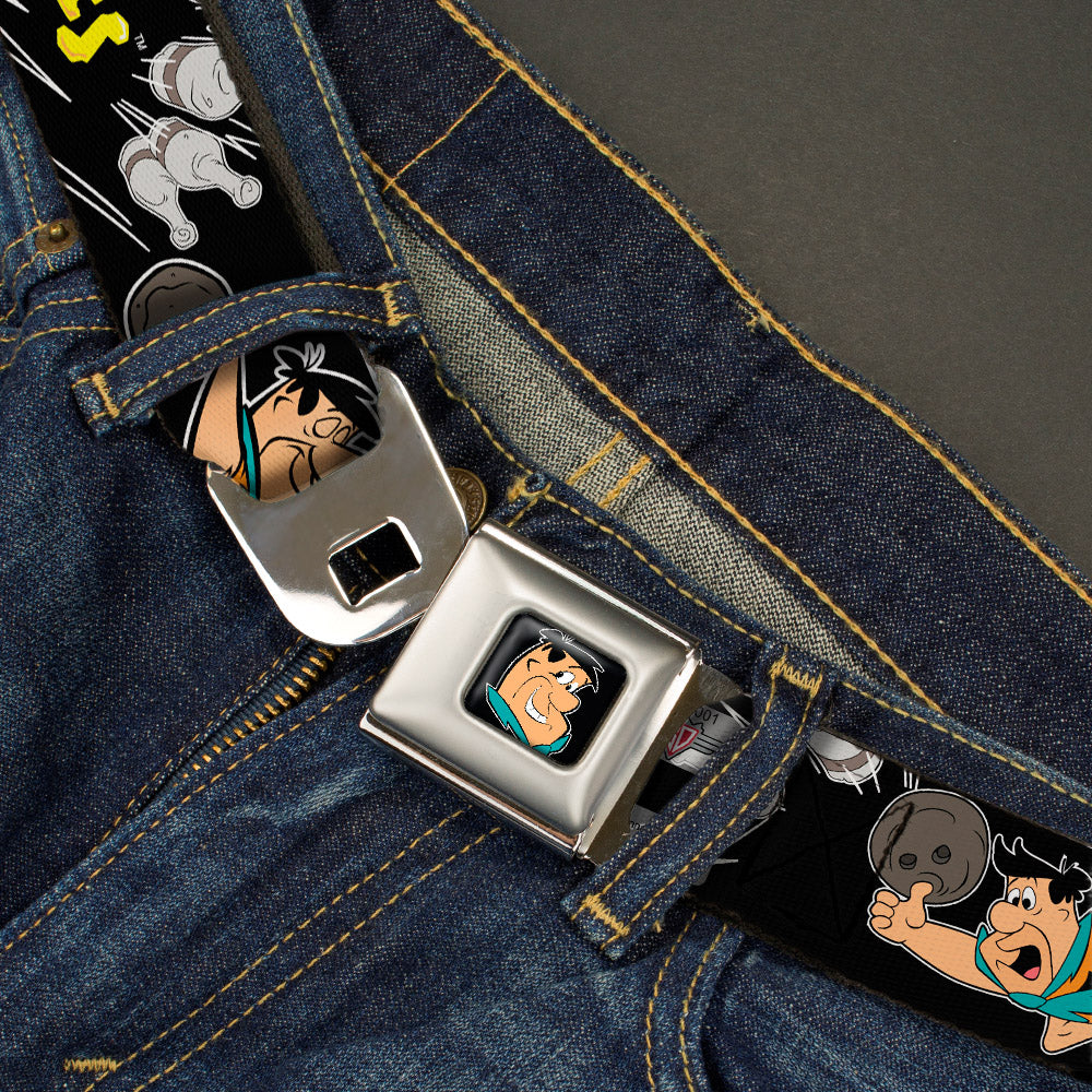 Fred Face Full Color Black Seatbelt Belt - THE FLINTSTONES Fred Bowling Poses/Bowling Pins Black Webbing Seatbelt Belts The Flintstones