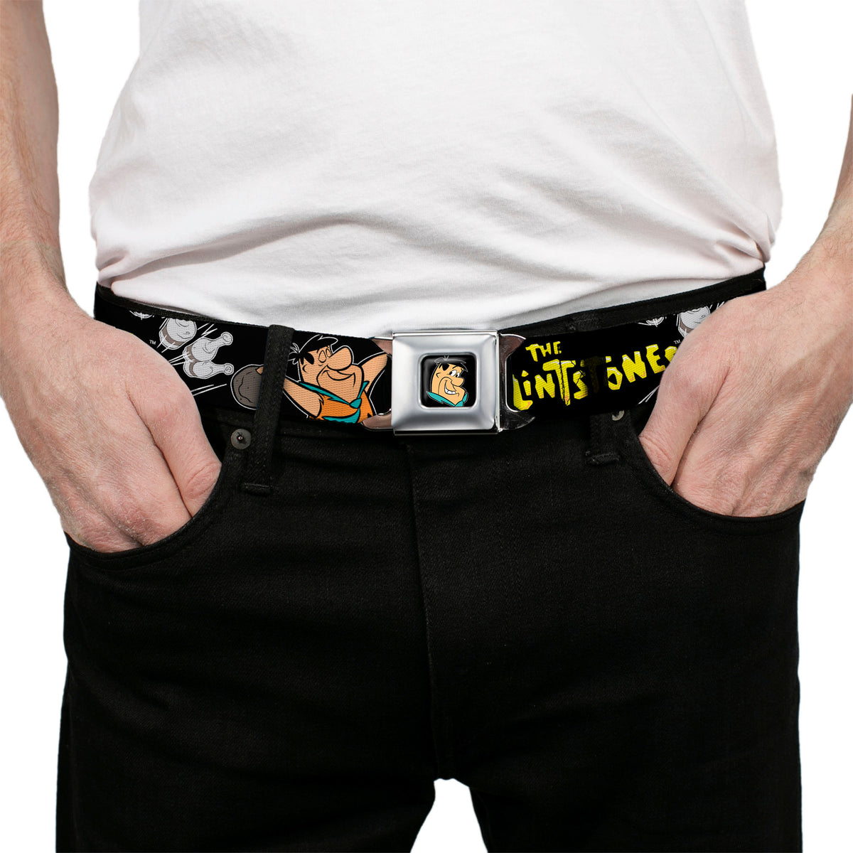 Fred Face Full Color Black Seatbelt Belt - THE FLINTSTONES Fred Bowling Poses/Bowling Pins Black Webbing Seatbelt Belts The Flintstones