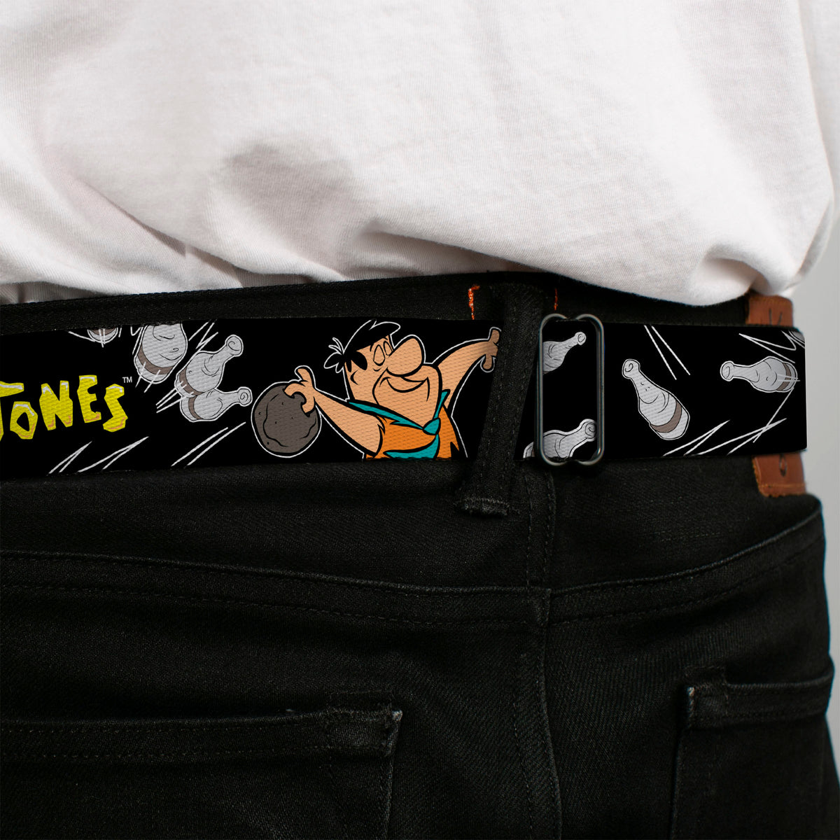 Fred Face Full Color Black Seatbelt Belt - THE FLINTSTONES Fred Bowling Poses/Bowling Pins Black Webbing Seatbelt Belts The Flintstones