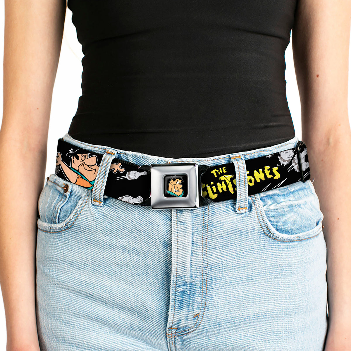 Fred Face Full Color Black Seatbelt Belt - THE FLINTSTONES Fred Bowling Poses/Bowling Pins Black Webbing Seatbelt Belts The Flintstones