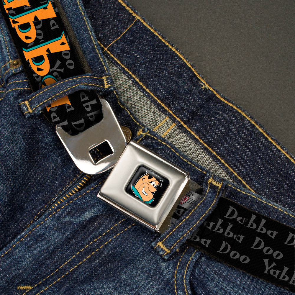Fred Face Full Color Black Seatbelt Belt - Fred Face/Pose YABBA DABBA DOO Black/Gray/Orange Webbing Seatbelt Belts The Flintstones