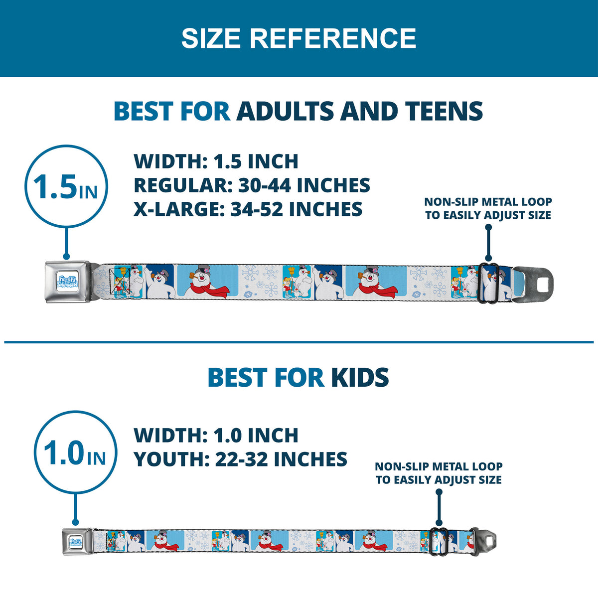 FROSTY THE SNOWMAN Logo Full Color White/Blues Seatbelt Belt - Frosty the Snowman Pose Blocks and Snowflakes White/Blue Webbing Seatbelt Belts Frosty the Snowman