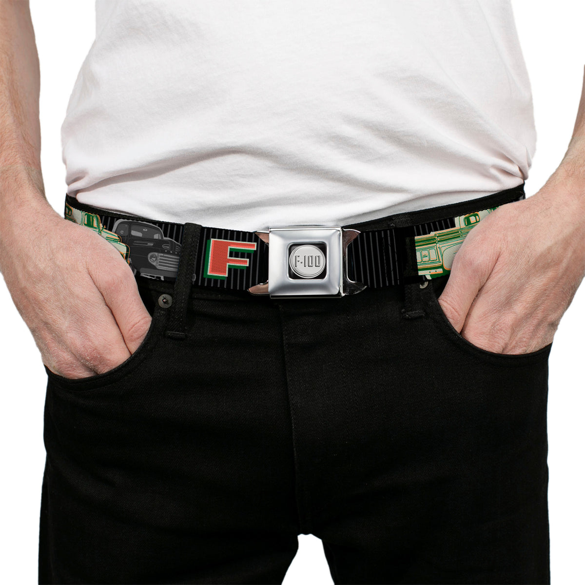 Ford F-100 Logo Full Color Black Grays Seatbelt Belt - FORD/Classic Ford Trucks Vertical Stripe Black/Grays/Green/Red Webbing Seatbelt Belts Ford
