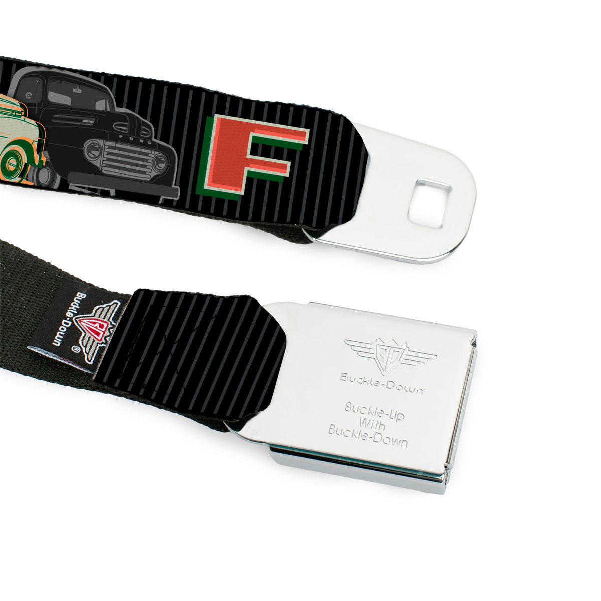 Ford F-100 Logo Full Color Black Grays Seatbelt Belt - FORD/Classic Ford Trucks Vertical Stripe Black/Grays/Green/Red Webbing Seatbelt Belts Ford