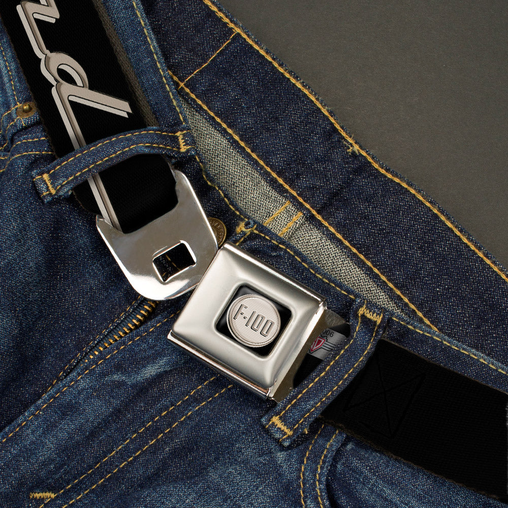 Ford F-100 Logo Full Color Black Tans Seatbelt Belt - FORD F-100 Script Black/Tan-Gray Webbing Seatbelt Belts Ford
