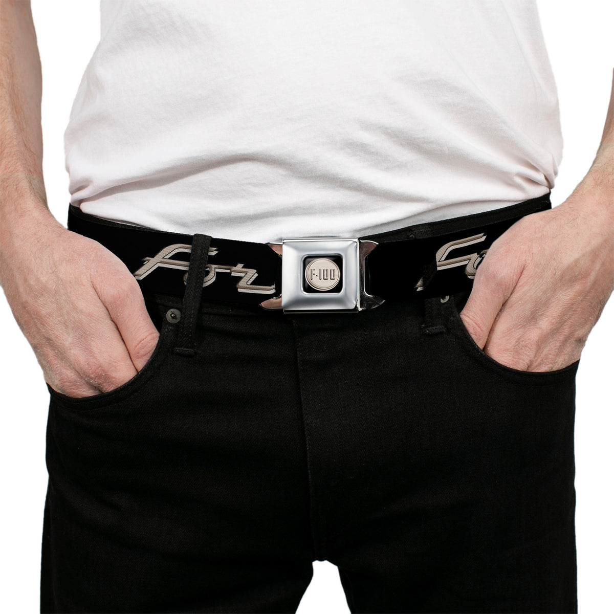 Ford F-100 Logo Full Color Black Tans Seatbelt Belt - FORD F-100 Script Black/Tan-Gray Webbing Seatbelt Belts Ford