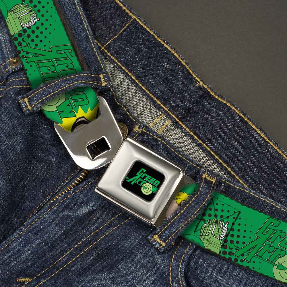 GREEN ARROW Logo Full Color Black Green Seatbelt Belt - GREEN ARROW Poses WHAT CAN ONE MAN DO? Greens/Black Webbing Seatbelt Belts DC Comics