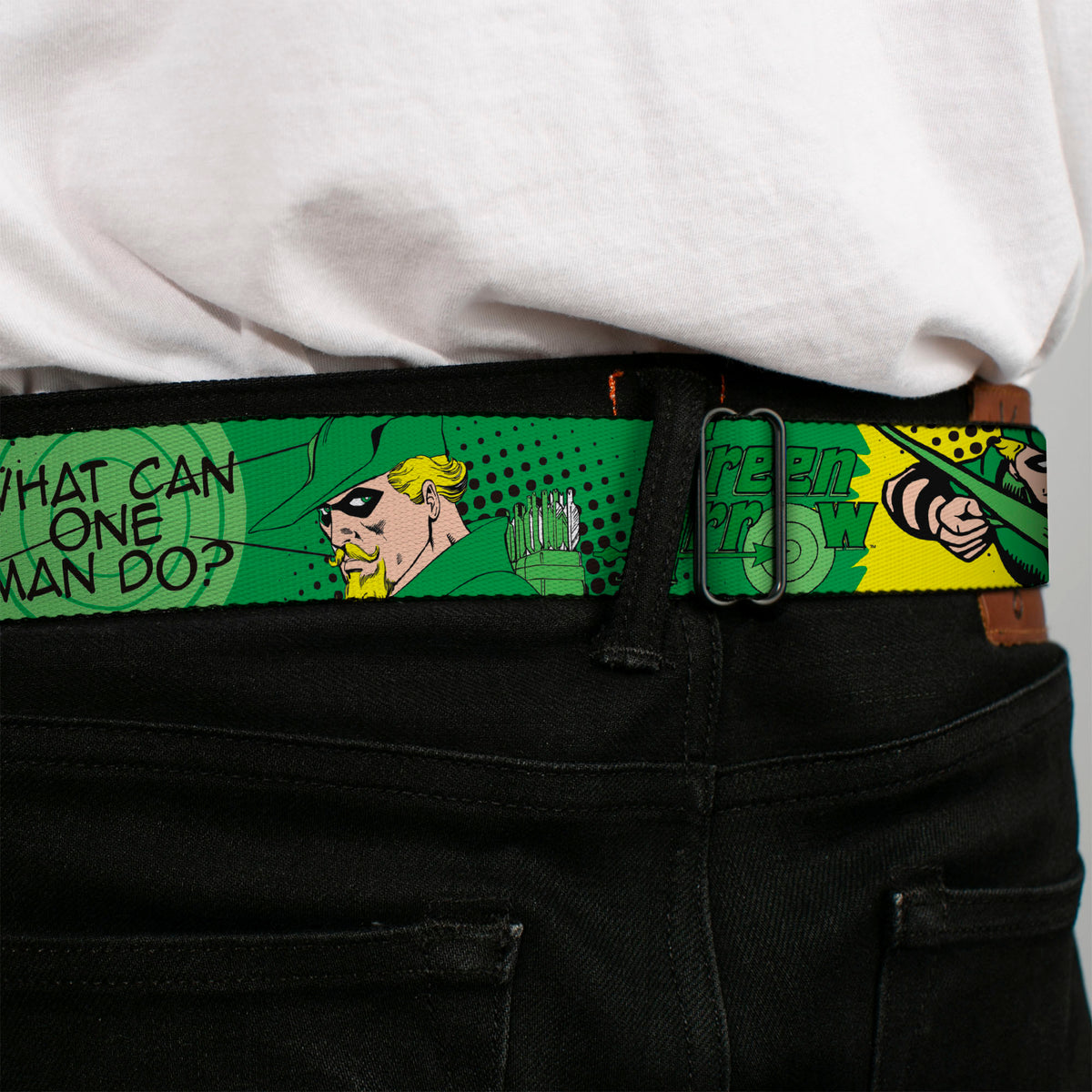 GREEN ARROW Logo Full Color Black Green Seatbelt Belt - GREEN ARROW Poses WHAT CAN ONE MAN DO? Greens/Black Webbing Seatbelt Belts DC Comics