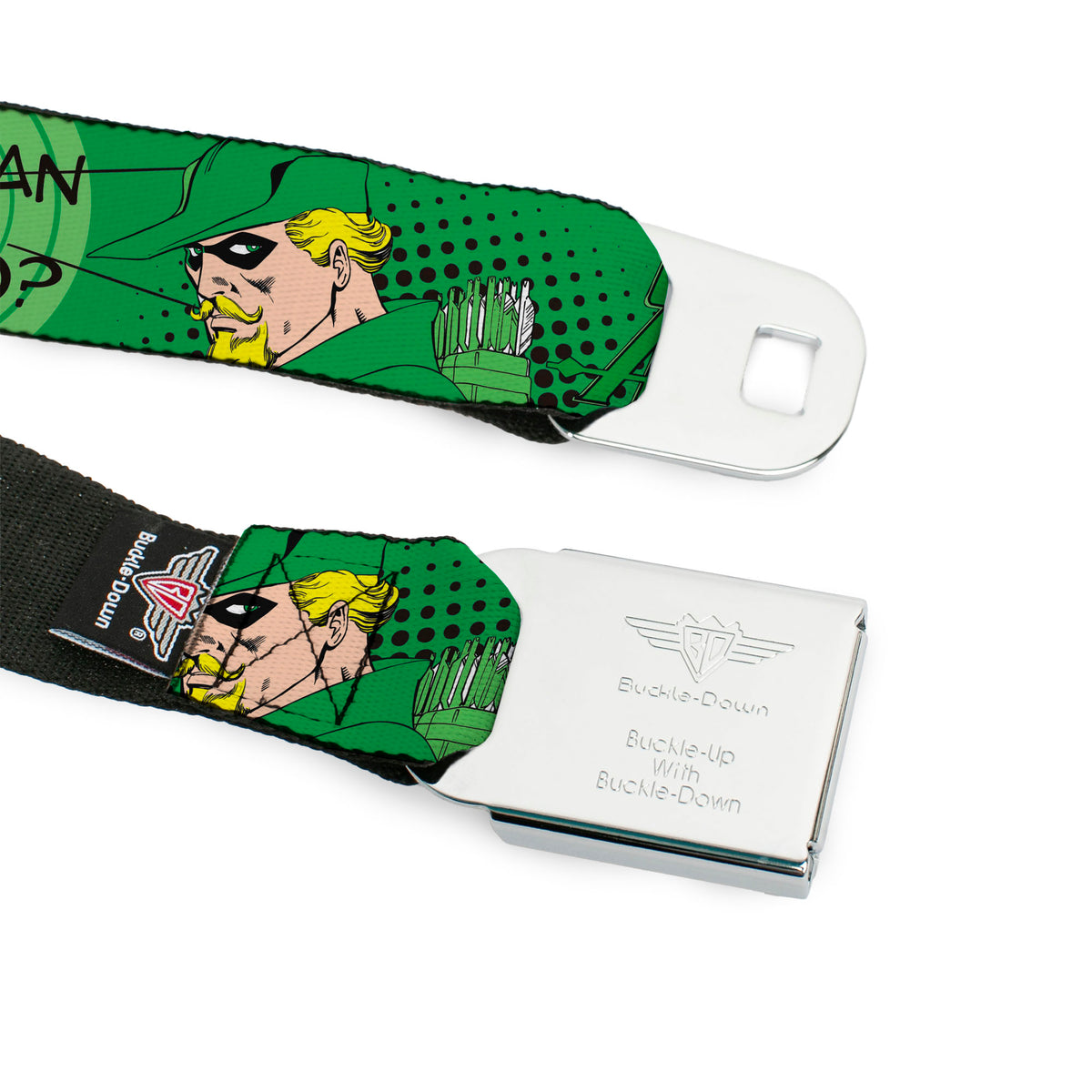 GREEN ARROW Logo Full Color Black Green Seatbelt Belt - GREEN ARROW Poses WHAT CAN ONE MAN DO? Greens/Black Webbing Seatbelt Belts DC Comics